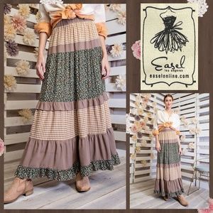 EASEL "Mix & Match" Gingham & Floral Print Ruffle Trim Tiered Maxi Skirt & Dress